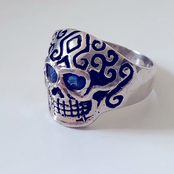 SOLD❣️925 sterling silver biker skull ring blue cz - Picture 2 of 3